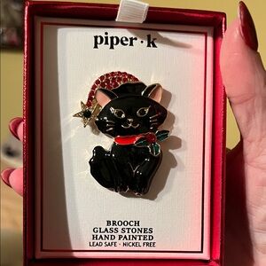 NIB Piper K Black Cat Brooch with Red Rhinestone Hat and Green Holly Bow